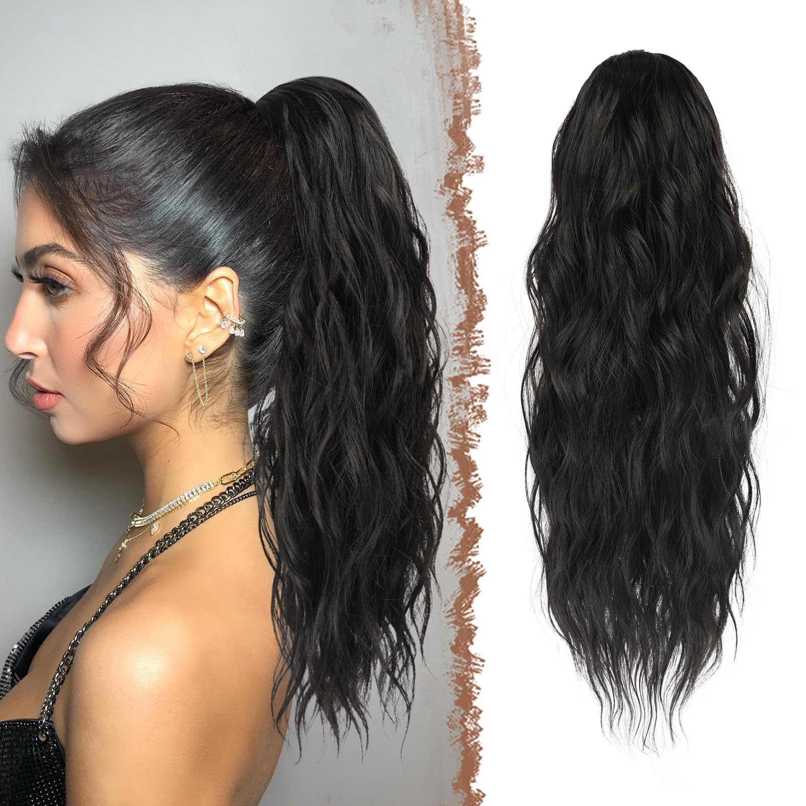 FESHFEN Ponytail Extensions, Drawstring Ponytails Hair Extension Off Black Long Curly Wavy Hair Piece Synthetic Pony Tail Hairpieces for Women, 18 inch