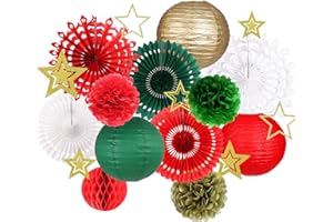 YUNXUAN Christmas Party Decorations, Christmas Paper Lanterns Gold Star Pendant Hanging Snowflakes Paper Fan Pom Poms Flowers Honeycomb Ball for Xmas Party Eve Holiday Home Decor