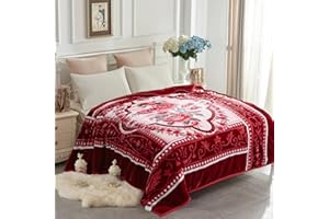 JYK Korean Mink Fleece Blanket 75"x87", 5 LB - 2 Ply Reversible 520GSM Silky Soft Plush Warm Blanket for Autumn Winter (Queen, Flower/Burgundy)