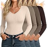 Sweetyweee 4 Pack Women's Thermal Shirts Long Sleeve Ribbed Cotton Tops V Neck Fitted Winter Undershirts Basic Base Layer