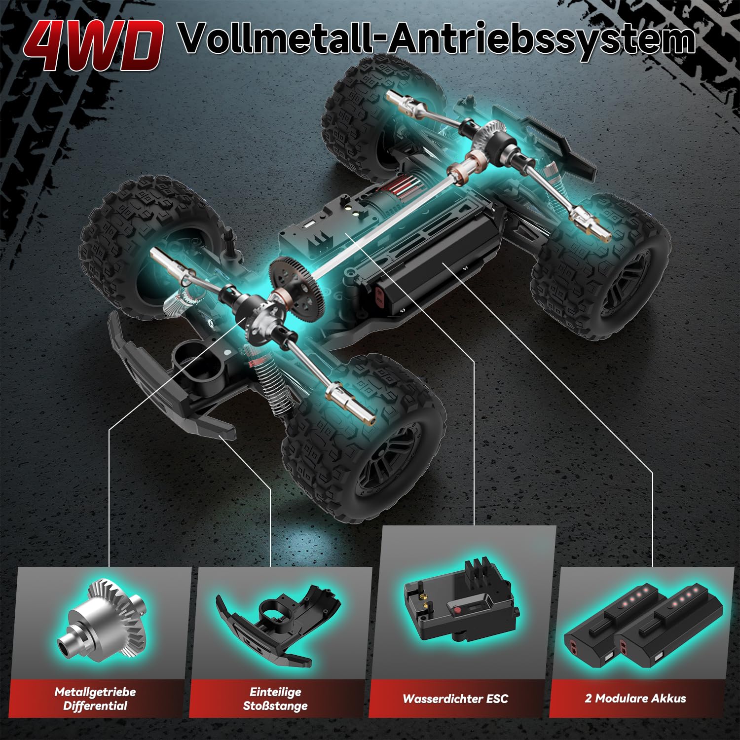 Ferngesteuertes Auto, 1/14 RC Auto mit 7 Farben Lichtern, 40KM/H Monstertruck Rc Truck, 2.4GHz Rc Auto Offroad mit Zwei Batterien, 4WD Wasserdichter RTR All Terrain, Rc Buggy für Kinder Erwachsene 6