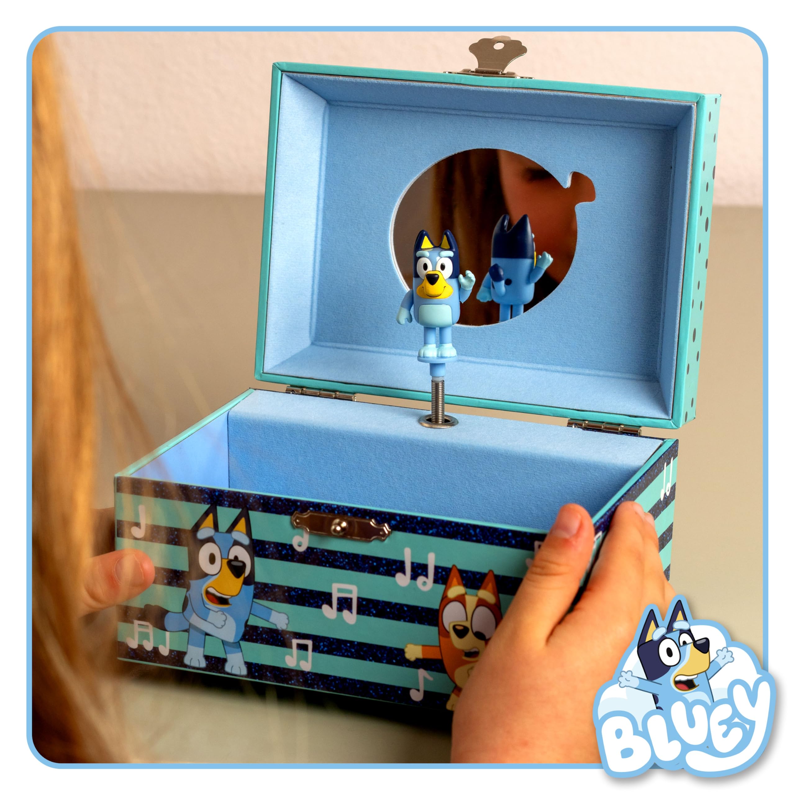 Mini Treasures Bluey Jewelry Box for Girls - Musical Jewelry Box with Spinning Figurine, Bluey Toys for Kids Ages 3-5 - Plays Bluey Theme Song - 6 x 4.7 x 3.5 in