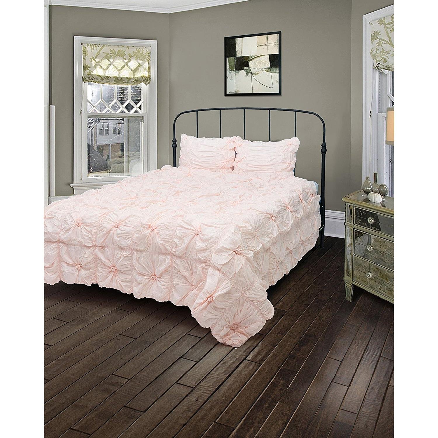 Dp 3pc Girls Pink Pinch Pleated Floral Pattern Comforter King Set