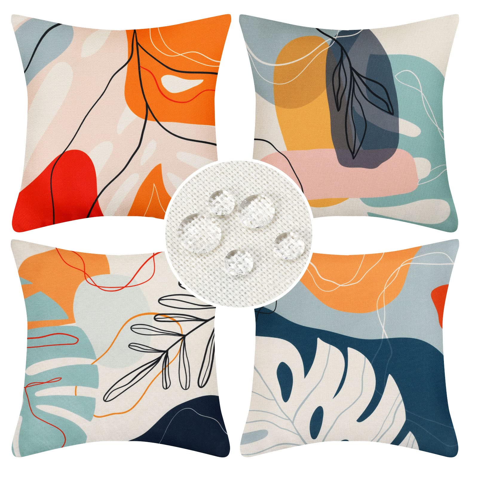 DakTou Boho Cushion covers 40 x 40 Set of 4 Outdoor Waterproof Linen Throw Pillowcases Modern Abstract Leaves Art Mid Century Decorative Pillow Covers for Sofa Porch Patio Home Decor