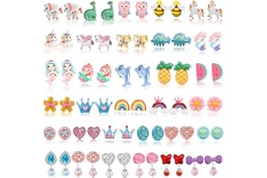 DEVIENG Clip On Earrings for Girls, No Pierced Design Hypoallergenic Kids Clips Earrings Sets Suitable for Ages 4-12 Little Girls Cute Small Stud Earring Jewelry Gifts(Clip On Earrings-32 Pairs)