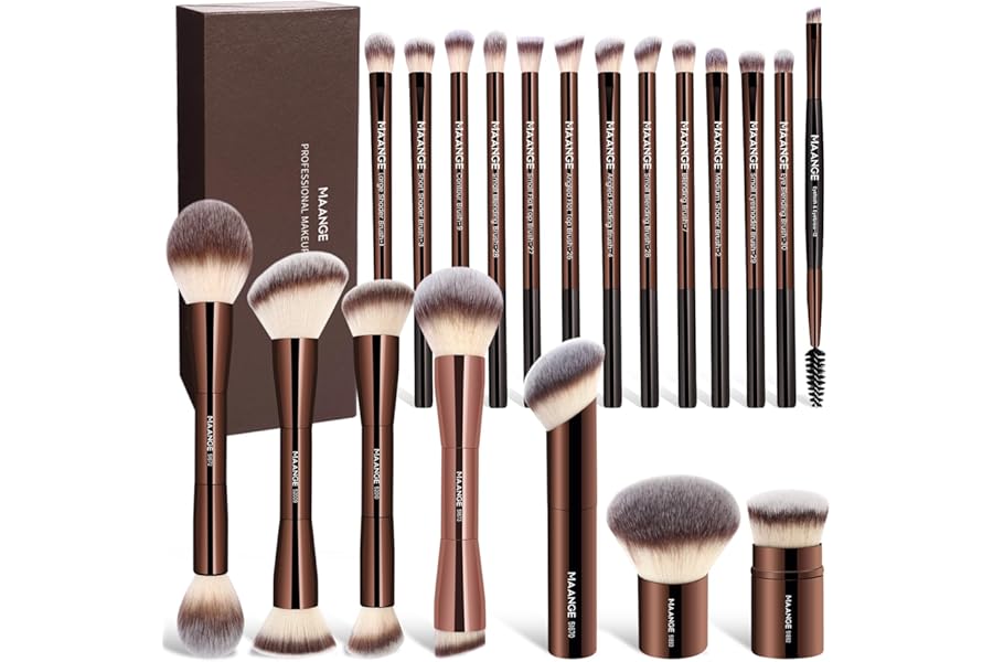 MAANGE 20 Pcs Makeup Brushes with Gift Box, Double-End Multi-functional Makeup Brushes for Blending Liquid Powder Concealer Cream Blush Buffe,CoffeeBrown