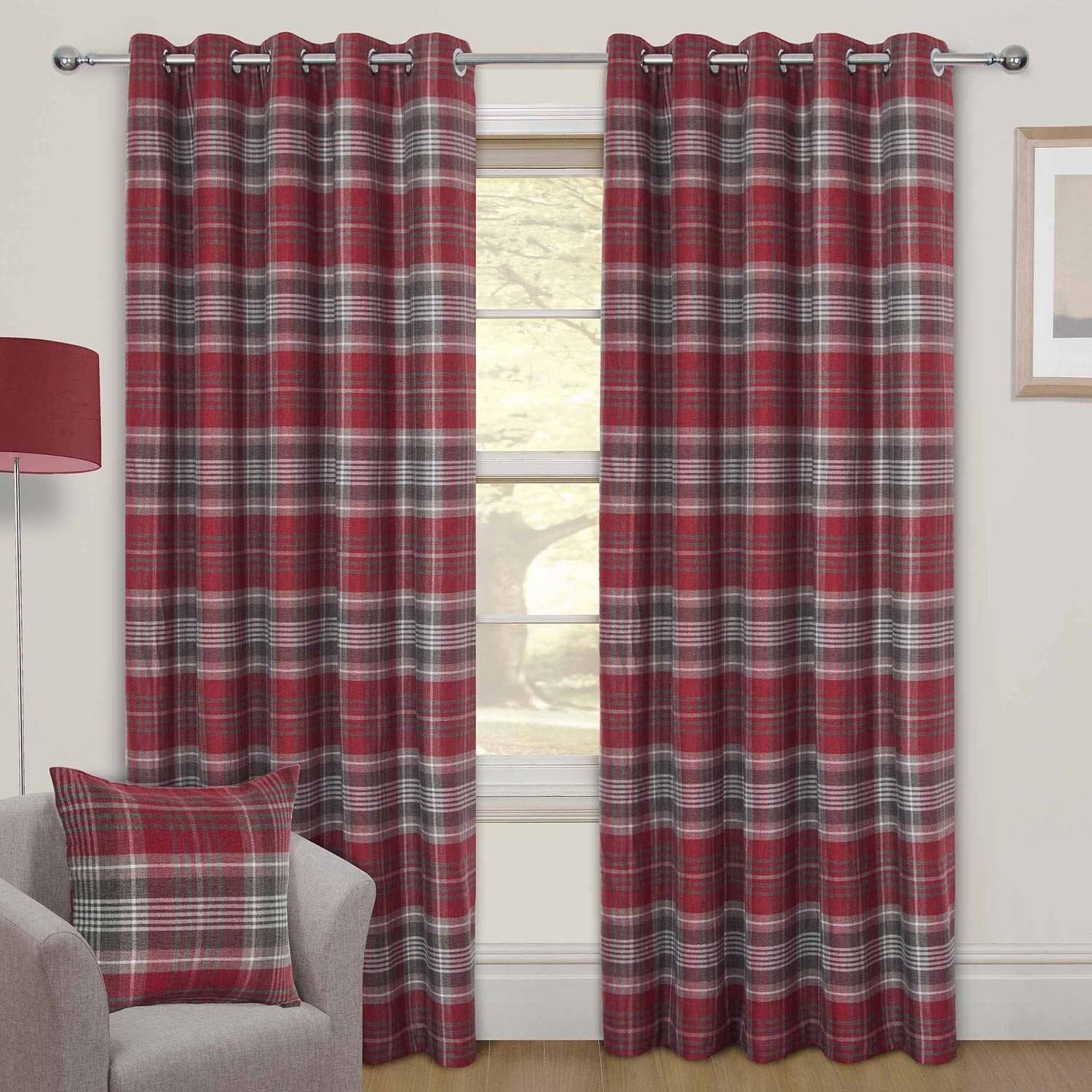 Homescapes Thermal Interlined Red Tartan Curtains Pair Width 117cm