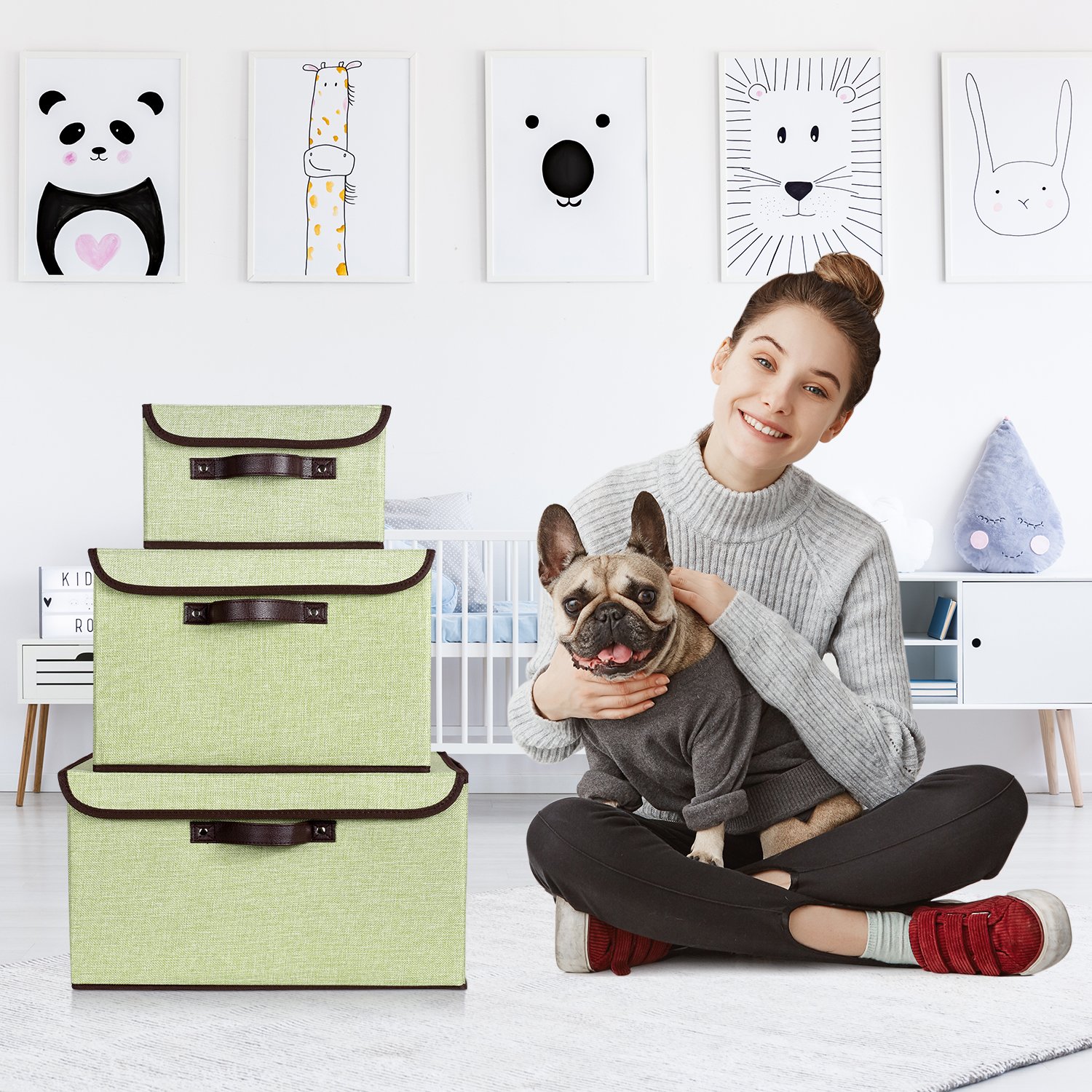 senbowe Storage Bins, Set [3-Size] Foldable Storage Cubes Box Lids Handles, Collapsible Storage Basket Containers Organizer Linen Fabric Home, Office, Nursery, Closet, Bedroom