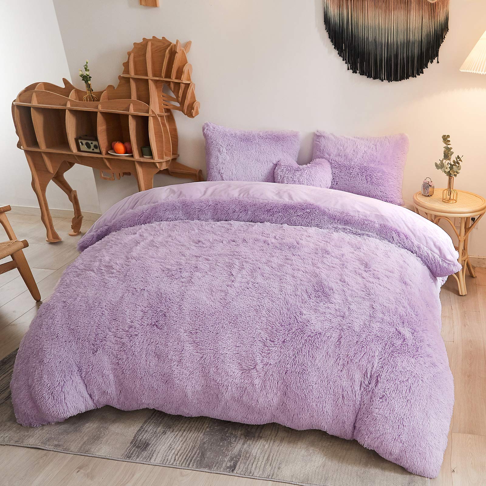 Photo 1 of MEGO Luxury Shaggy Plush Duvet Cover Set, Soft 3 Pieces Fluffy Faux Fur Comforter Cover Set, Fuzzy Bedding Set Lavender Lilac(1 Furry Duvet Cover + 2 Pillow Shams), Zipper Closure(Queen, Orchid)