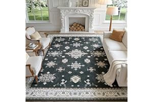 Black 6x9 Living Room Area Rug,Washable Vintage Carpet Non Slip Indoor Rug Tapis Salon,Retro Traditional Accent Throw Low Pil