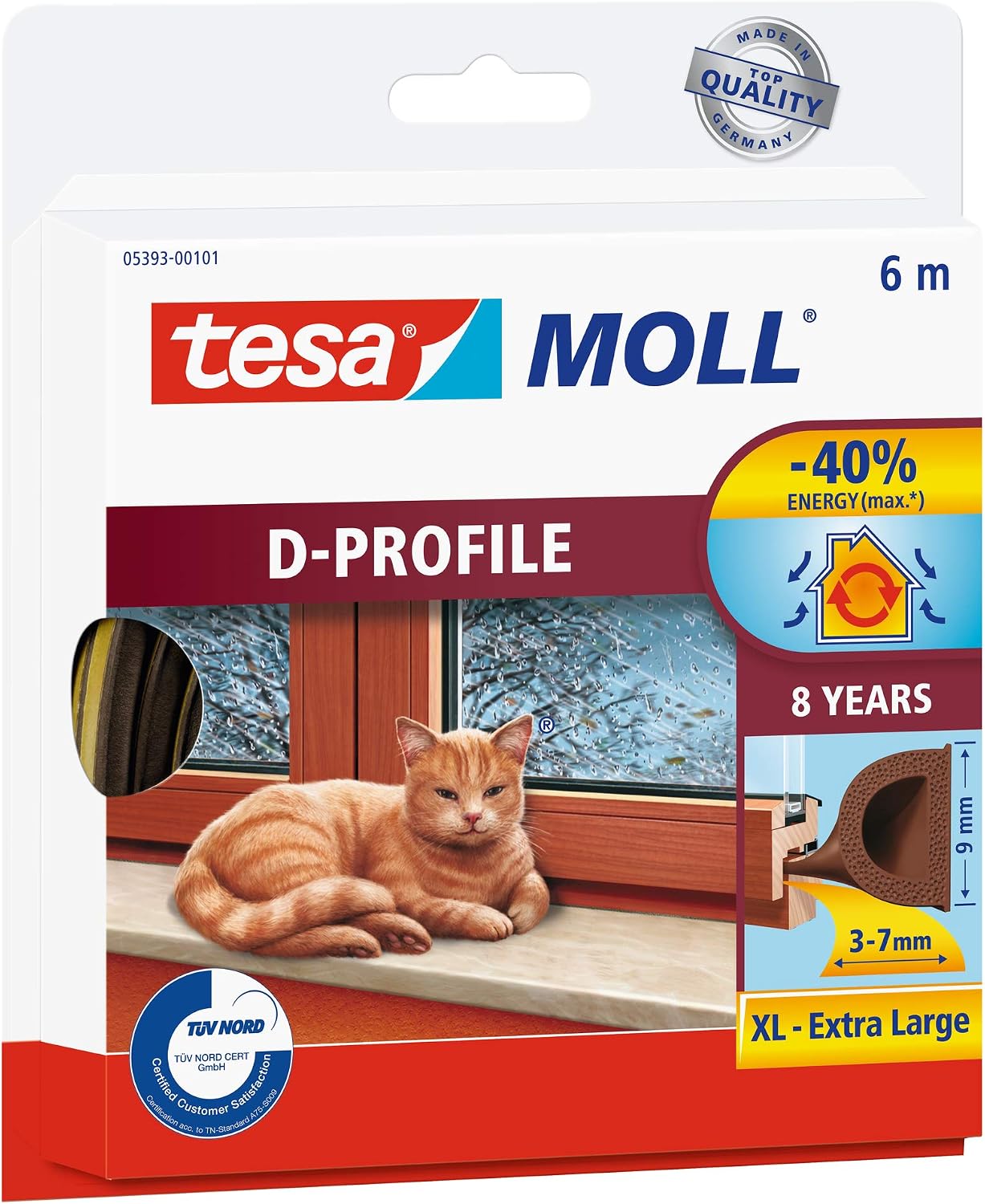 tesamoll D-Profile Seal - Self Adhesive Rubber Draught Excluder for Insulating Gaps in Windows and Doors - Brown - 6 m x 9 mm x 7 mm