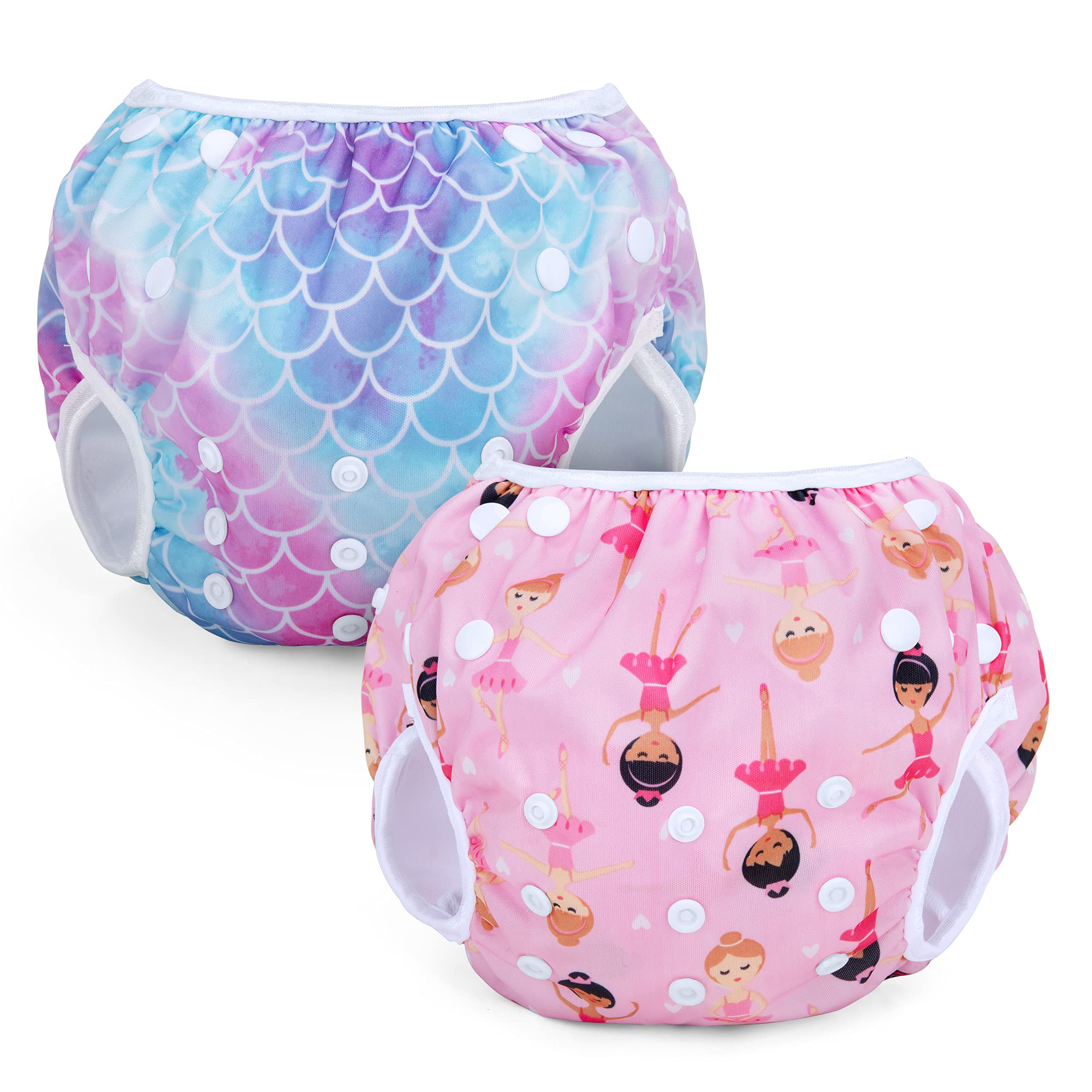 Teamoy Reusable Swim Nappies(Pack of 2), Adjustable Swimsuit Diapers Washable Nappy Covers for Baby Boys & Girls, Scales+Ballet Girls