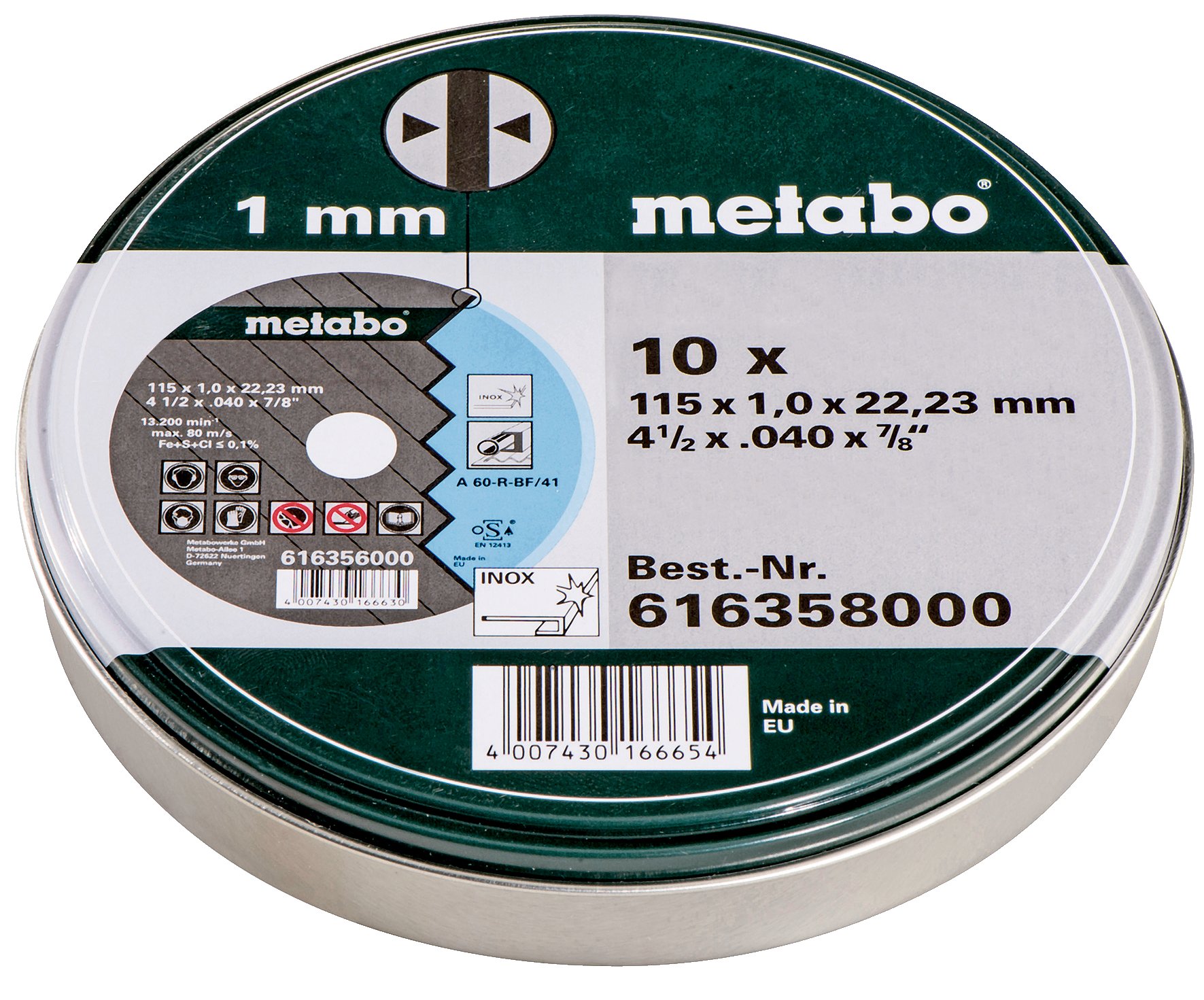 Metabo 10 Cutting discs Quality class A 60-R "SP" 115x1.0x22.23 Inox, TF 41 (616358000)