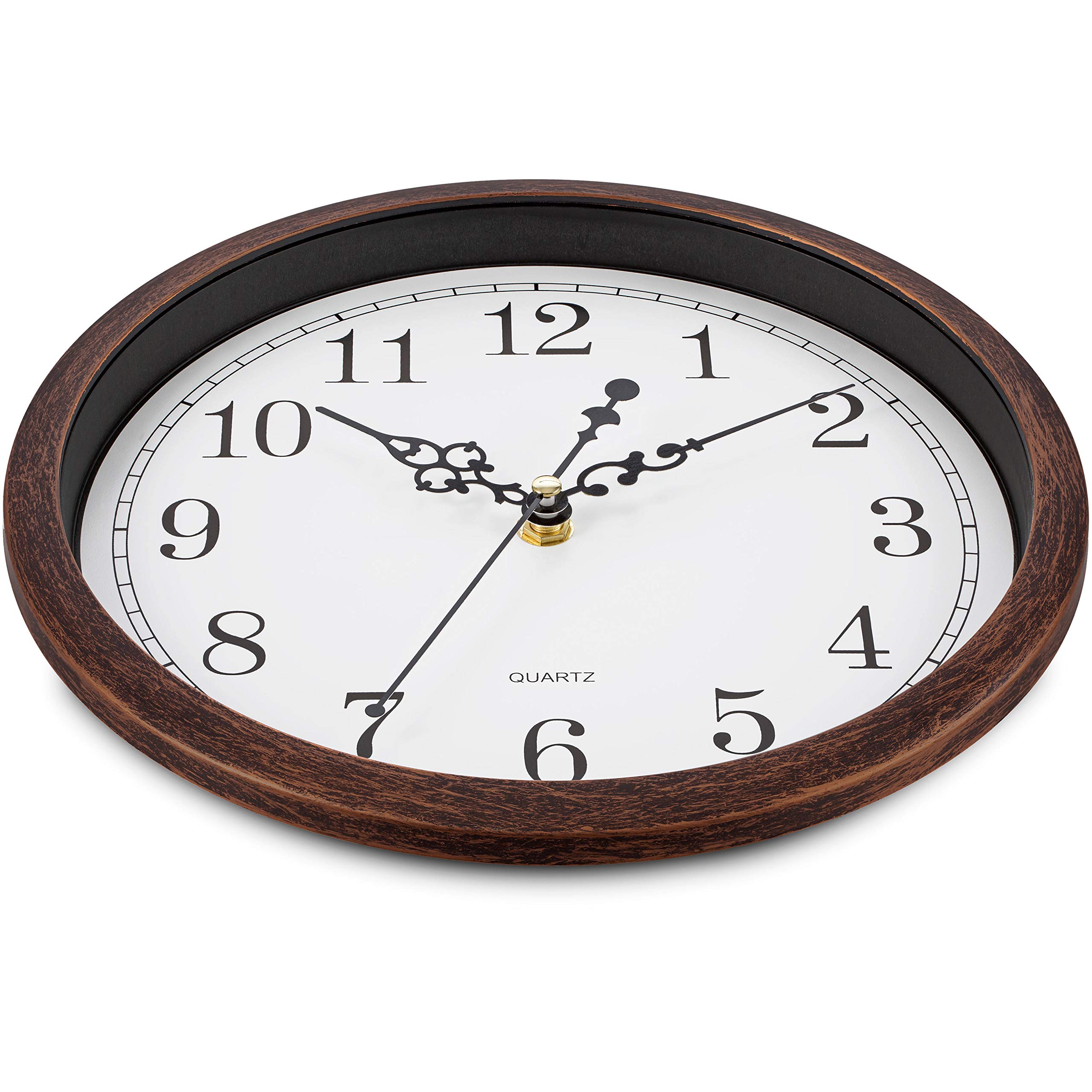 Bernhard Products Wall Clock 10 Inch Silent Non Ticking Movement Quality Quartz Battery Operated Round Easy to Read Decorative Brown Home/Kitchen/Office/Bedroom/Classroom/School Clocks, Black Numbers
