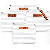 Stylish Diaper Bag Organizing Pouches - XL Set of 4 Gray and White Striped Canvas Diaper Bag Pouches with Leather Embossed Labels, Leather Wristlet Strap & Durable Metal Zippers