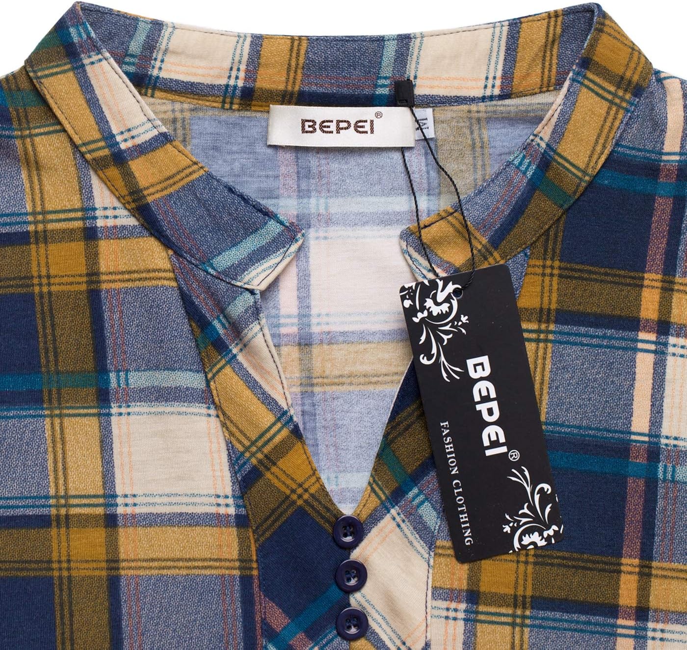 BEPEI Womens Roll-up 3/4 Long Sleeve Plaid Shirts Henley V Neck Casual Tunic Top: Clothing