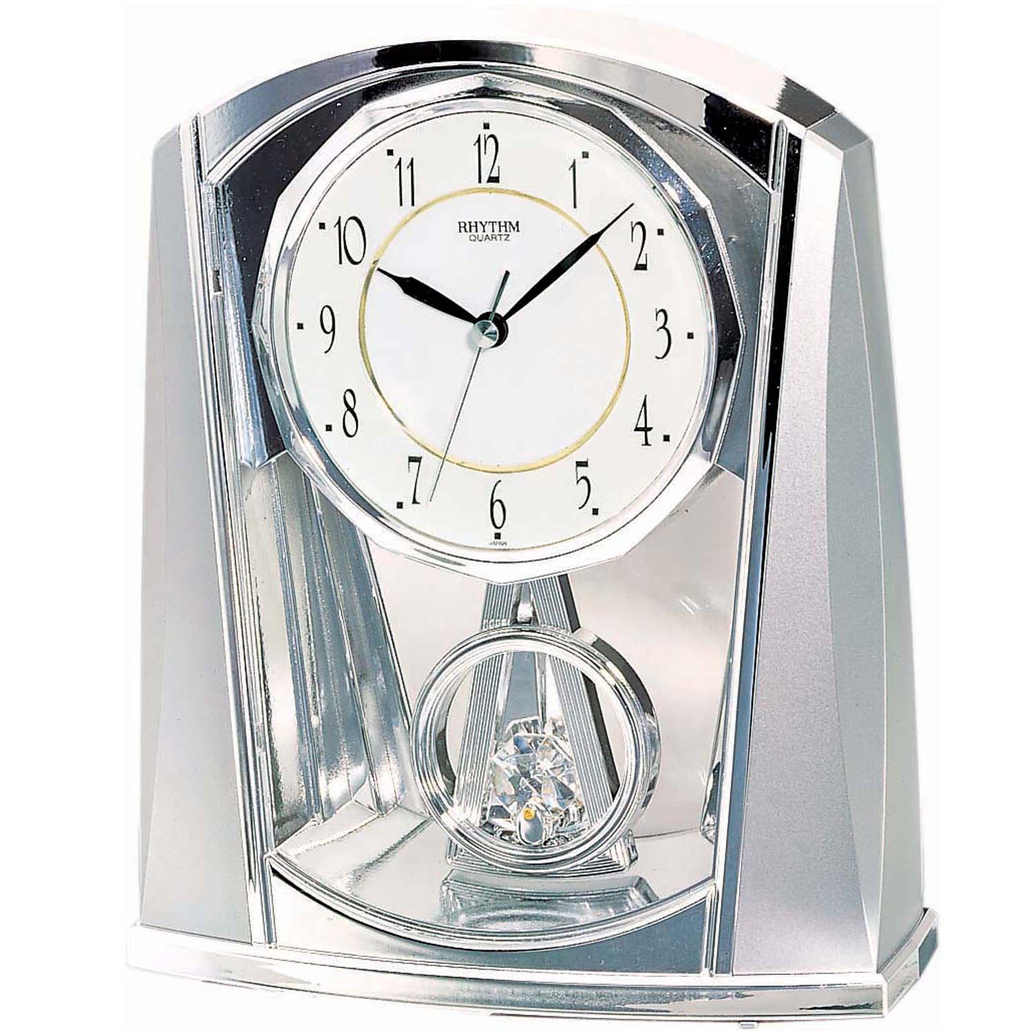 Rhythm Contemporary Mantel Clock Chrome Colour with Pendulum