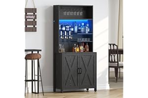 DWVO Farmhouse Bar Cabinet w/LED Lights, 71" Tall Wine Bar Cabinet for Liquor & Glasses, Liquor Cabinet w/ 4-Bottle Liquor Dispenser & Wine Rack, Kitchen Storage Cabinet for Living Room, Black