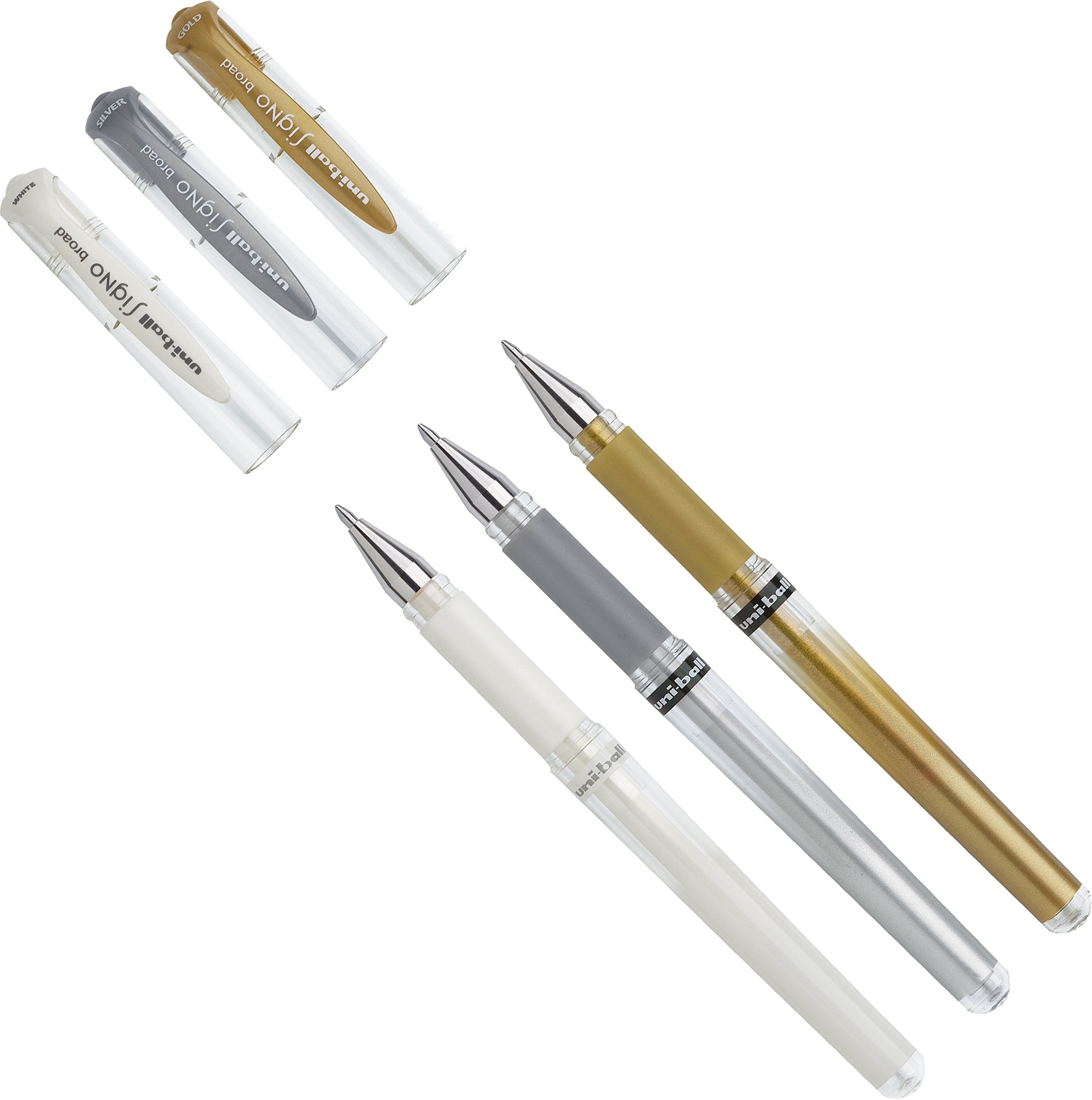 Pack of 3 Mitsubishi Uni Ball Signo UM-153 Gel Rollerball Pens Tip 0.6 mm White Gold and Silver