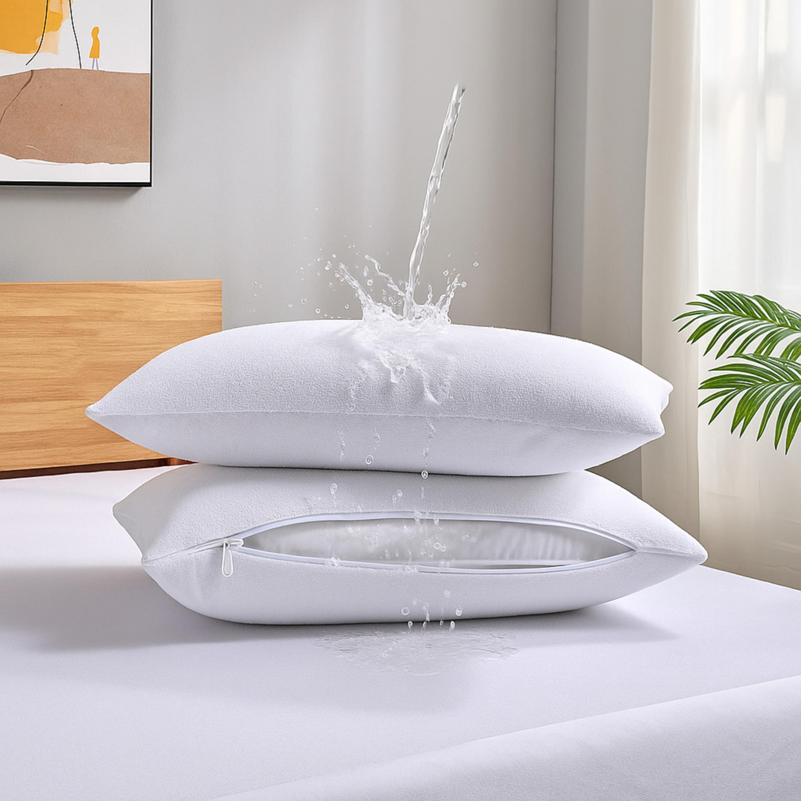 Dudu N Girlie Pillow Protectors, Waterproof Terry Towel Zipped Pillow Protectors - Pack 2, Anti Allergy, Non Noisy Terry Towelling Cotton Rich Pillowcase Cover- Breathable -50x75cm — image 1