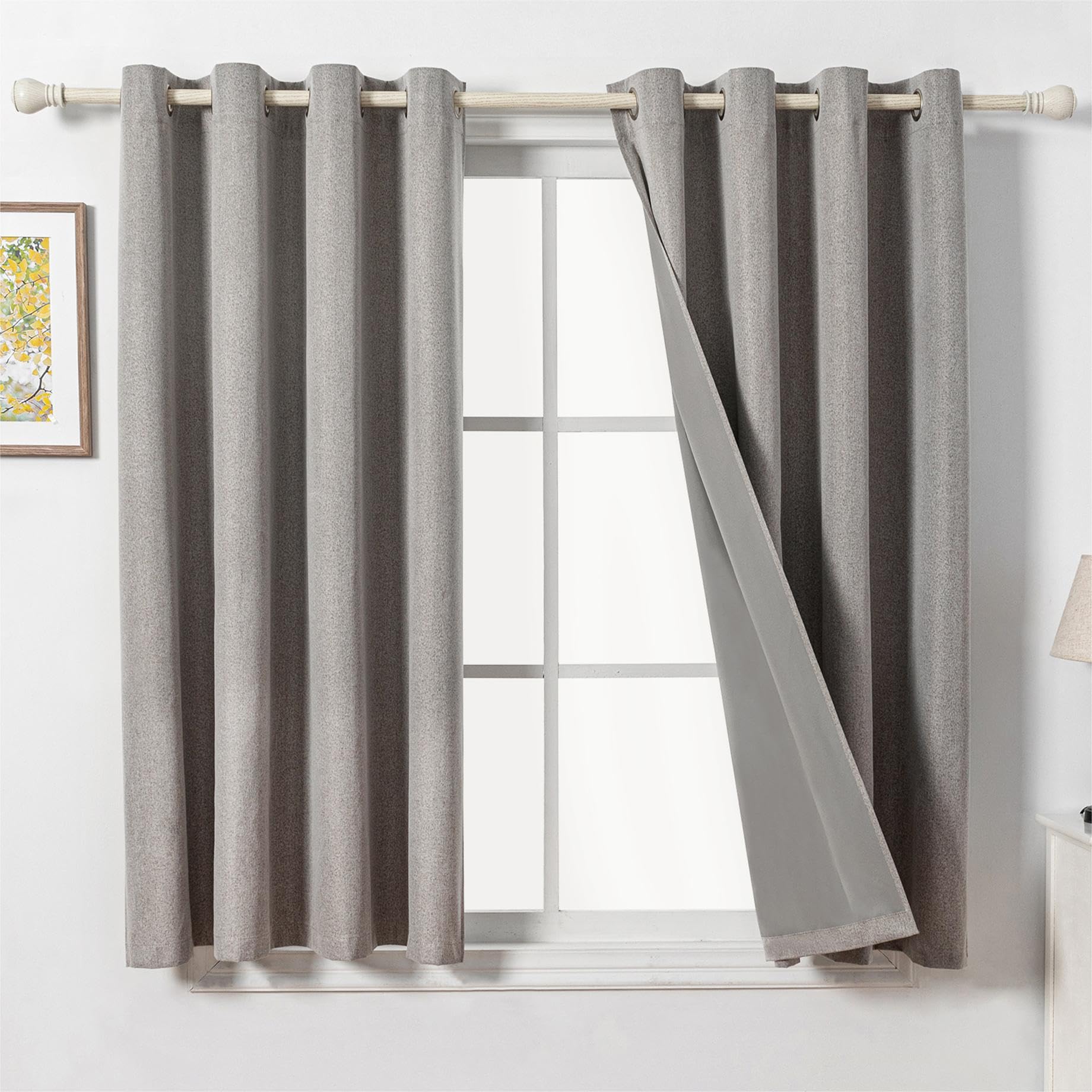 MYSKY HOME Short Linen Look Opaque Curtains with Eyelets Living Room Blackout Curtain Thermal Curtains Heat Protection Heat Insulating Linen Set of 2 H 160 x W 140 cm