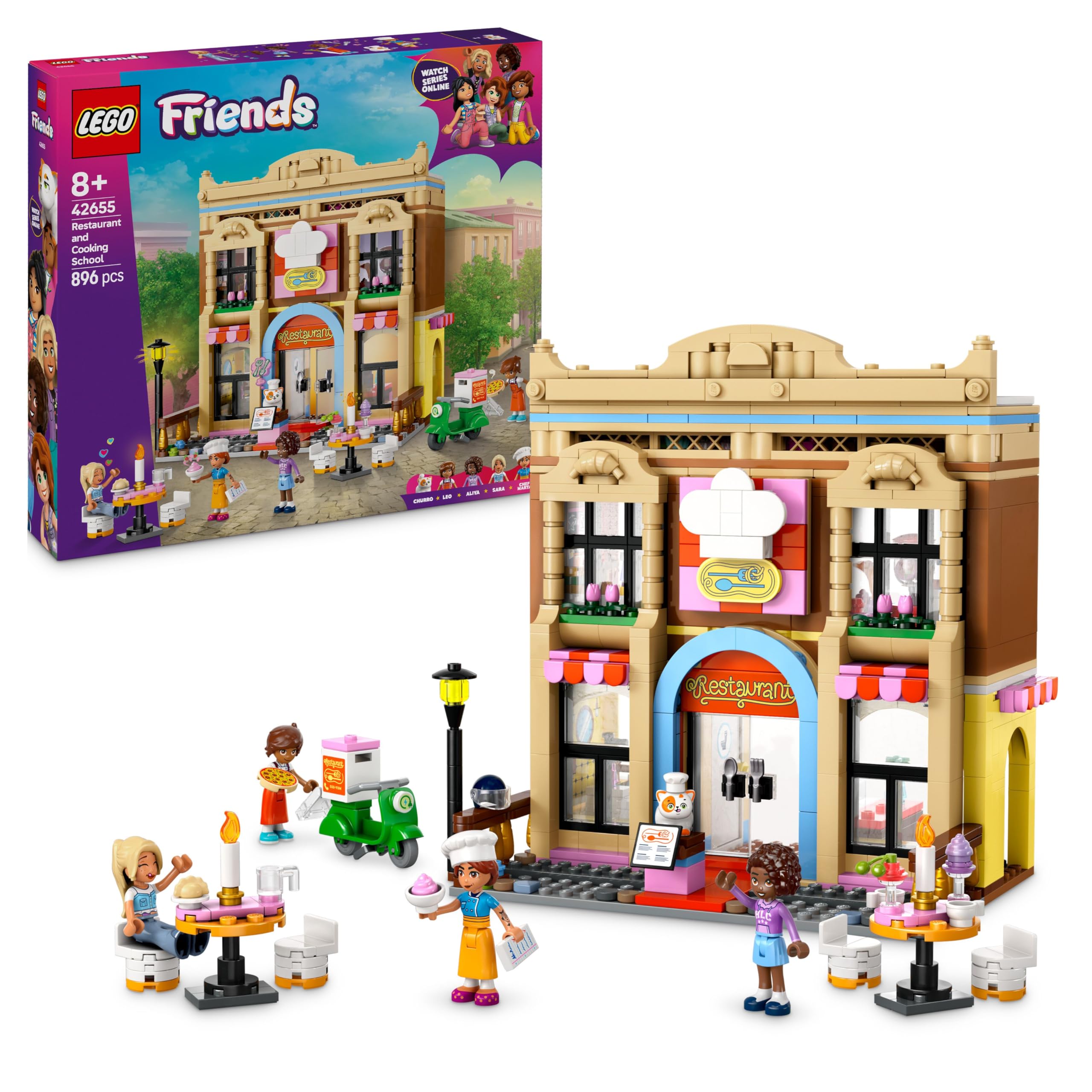 LEGO Friends Restaurant und Kochschule, Spielset für Rollenspiele, Lernspielzeug für Kinder ab 8 Jahren, fördert soziale Entwicklung, Geschenk zum Geburtstag oder zu Weihnachten für Mädchen 42655