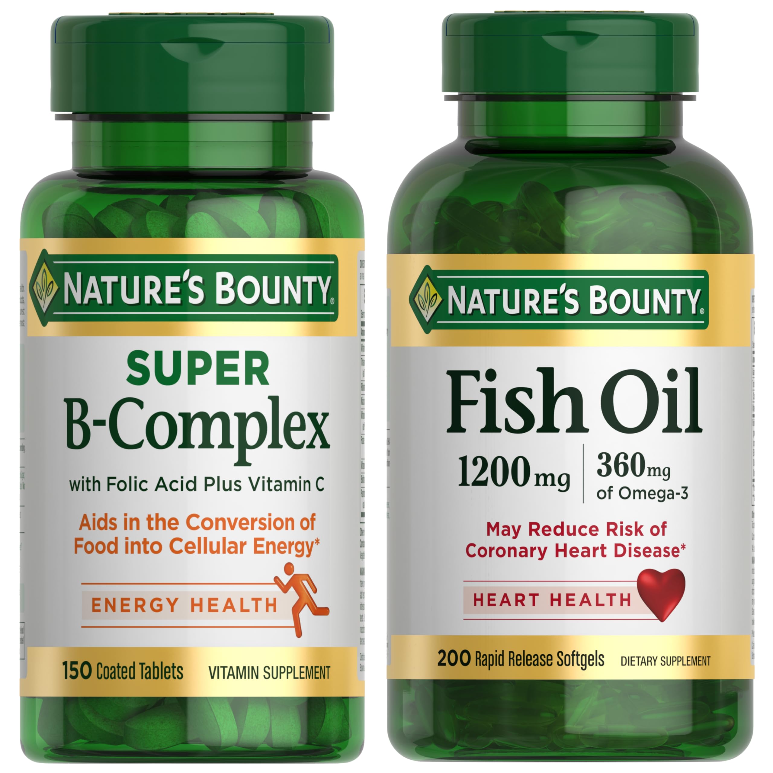 Nature's Bounty Energy & Heart Health Bundle: Super B Complex Vitamins with Vitamin C & Folic Acid (150 Count) for Immune & Cellular Support + Fish Oil Omega-3 (1200 Mg, 200 Count) for Heart Wellness
