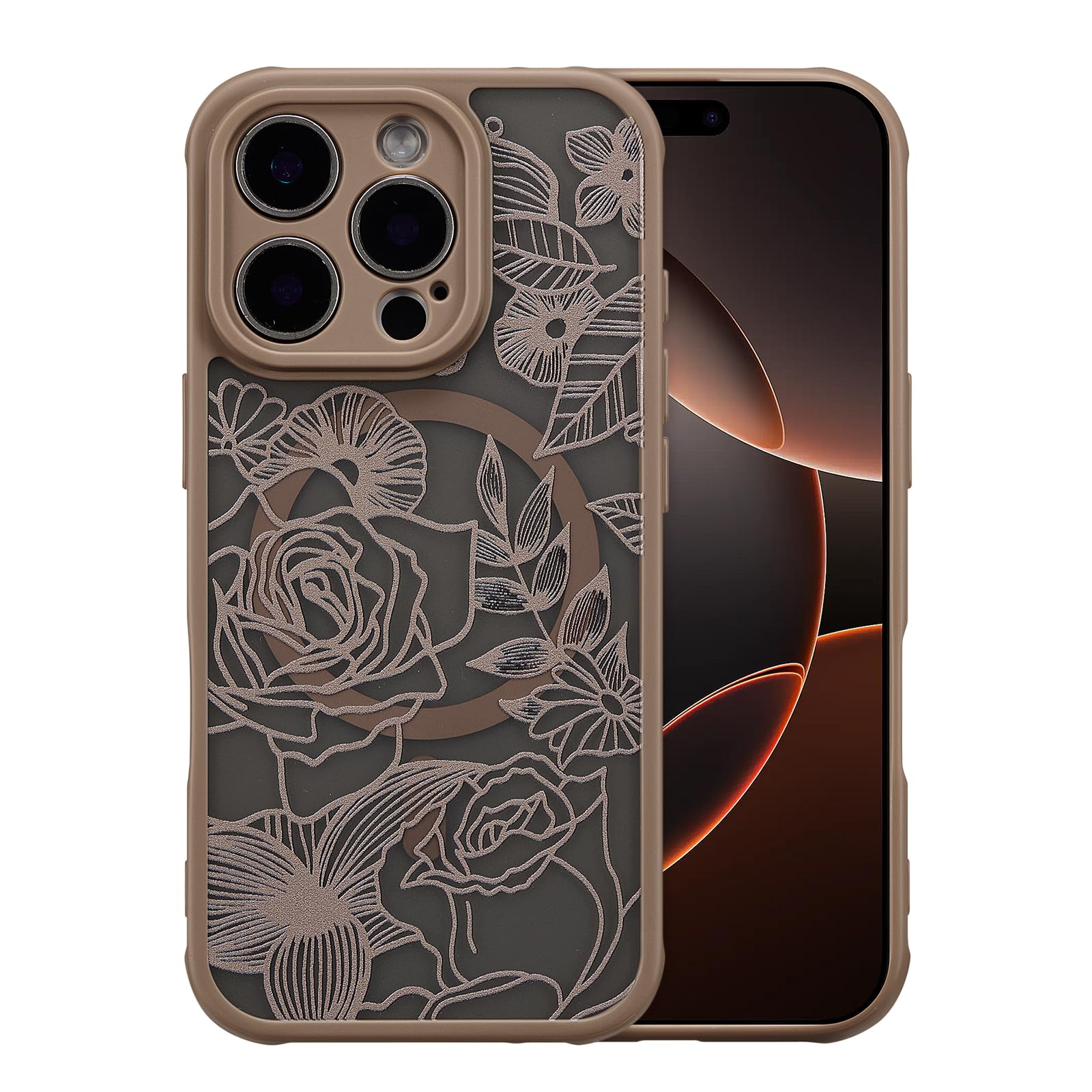 Photo 1 of XIZYO Magnetic Case for iPhone 16 Pro Floral Rose Cute Phone Case [Compatible with Magsafe] for Women Girls Aesthetic Pattern Slim TPU Shockproof Bumper Cover, Brown