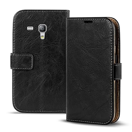 Conie PU Lederhülle kompatibel mit Samsung Galaxy S3 Mini, Schwarze Klapptasche im Vintage Design Etui Hülle mit Kartenfächer