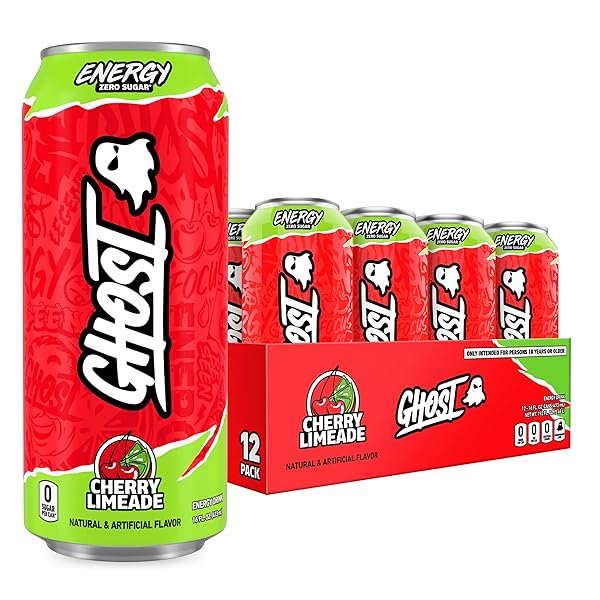 GHOST ENERGY DRINK – 12-PACK, CHERRY LIMEADE, 16OZ – ENERGY & FOCUS & NO ARTIFICIAL COLORS – 200MG OF NATURAL CAFFEINE, L-CARNITINE & TAURINE – GLUTEN-FREE & VEGAN