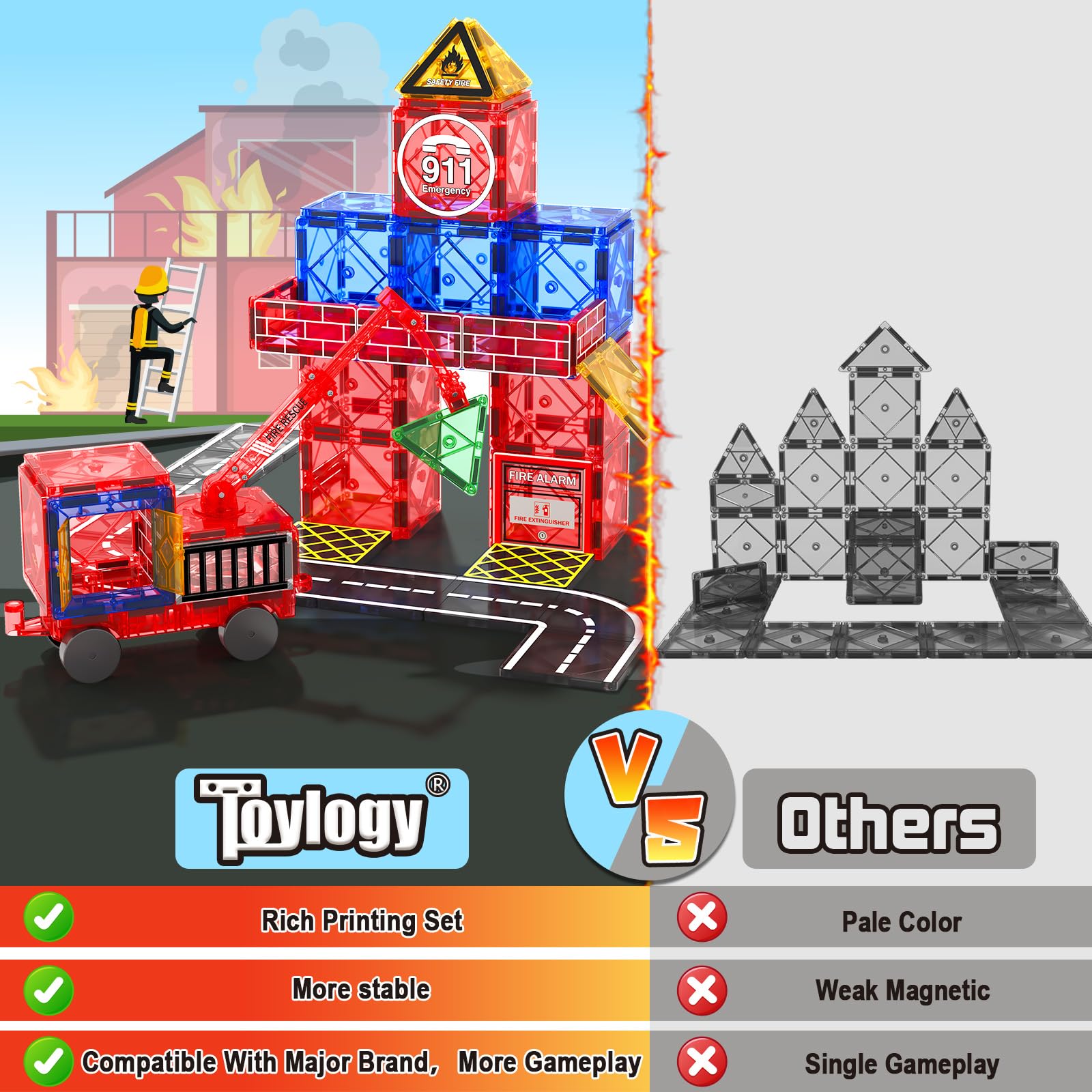 Magnetic Tiles Road Set with Magnetic Crane Edition, Magnet Building City Fire Kids Car Toys for 3 4 5 6 7 Years Old Boys Girls, Magworld Kids Games Construction STEM Toys for Boys Gifts