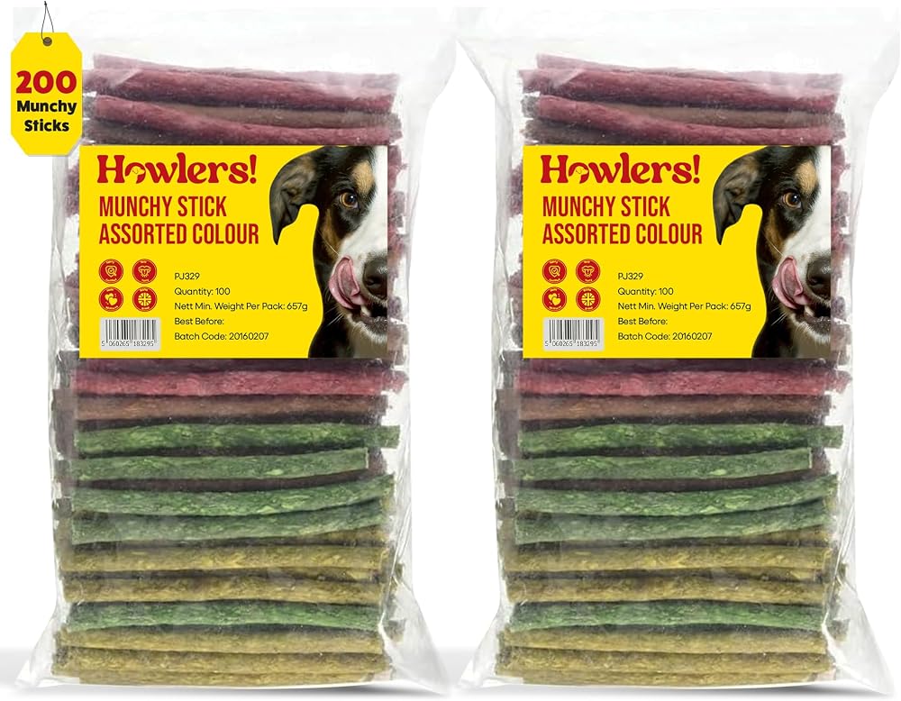 Howlers Assorted Munchy Sticks 12.5cm Pack of 100 - Natural Rawhide Chews