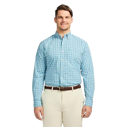 IZOD Men's Big and Tall Performance Comfort Long Sleeve Plaid Button Down, Adriatic Blue, Large Tall
