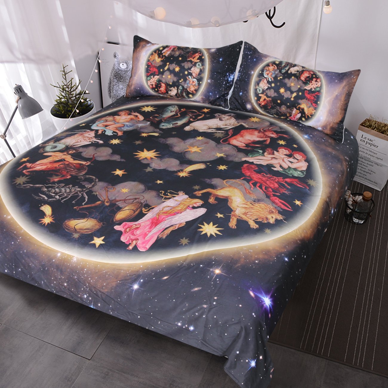 BlessLiving Galaxy Bedding 3 Pieces Animals Antique Asian Celestial Art Duvet Cover Set 3d Oriental Bedding Sets (Full)