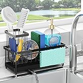 Godboat Sponge Holder for Kitchen Sink - Stainless Steel Sink Caddy Organizer with Towel & Brush Rack, Auto-Drain & 360° Swivel Spout, Bathroom Organizer for Soap Dispenser, Black (9.25" W X 4.1" D)