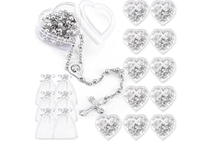 ROCEEI 24 Pcs 24 Pcs Catholic Rosary Necklace 4 mm Glass Beads Rosary Favors Crucifix Prayer with Faux Pearl with Heart Shaped Box and Organza Bag for First Communion Baptism (White)