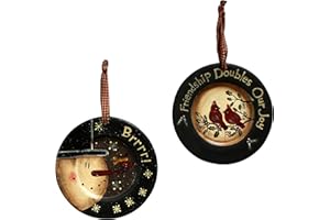 CVHOMEDECO. Primitives Hand Painted Snowman and Red Birds Decorative Plates Christmas Tree/Wall Homespun Hanging Décor Art, 5-3/4 Inch, Set of 2
