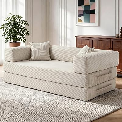 200cm 5 en 1 Canapé Compressé, Fabriqué en Velours Côtelé de Haute Qualité avec Forme de Mémoire Haute Densité Versatile Canapé Convertible 3 Places pour Pièce Compacte, Blanc