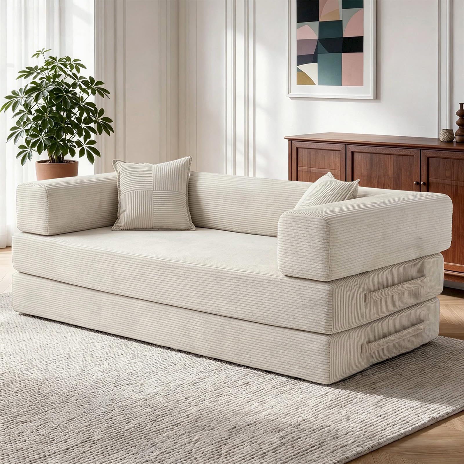 200cm 5 en 1 Canapé Compressé, Fabriqué en Velours Côtelé de Haute Qualité avec Forme de Mémoire Haute Densité Versatile Canapé Convertible 3 Places pour Pièce Compacte, Blanc