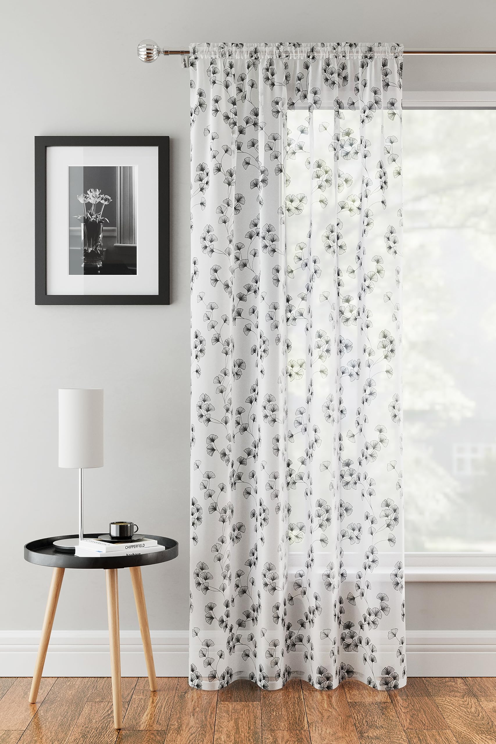 Tyrone Textiles Delila Black Floral Voile Net Curtain Panel - 55 x 54 Inch (140 x 137cm) - Sheer Semi Transparent Slot Top/Rod Pocket Privacy Drapes