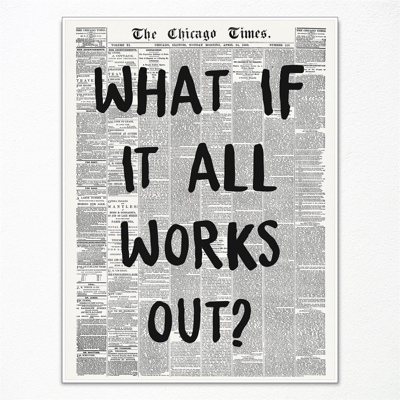 Anslipswar Vintage Black and White Newspaper Canvas Wall Art, Affirmation Quote What If It All Works Out Room Aesthetic Poster, Retro Typography Print for Apartment Bedroom Decor 12x16in Unframed
