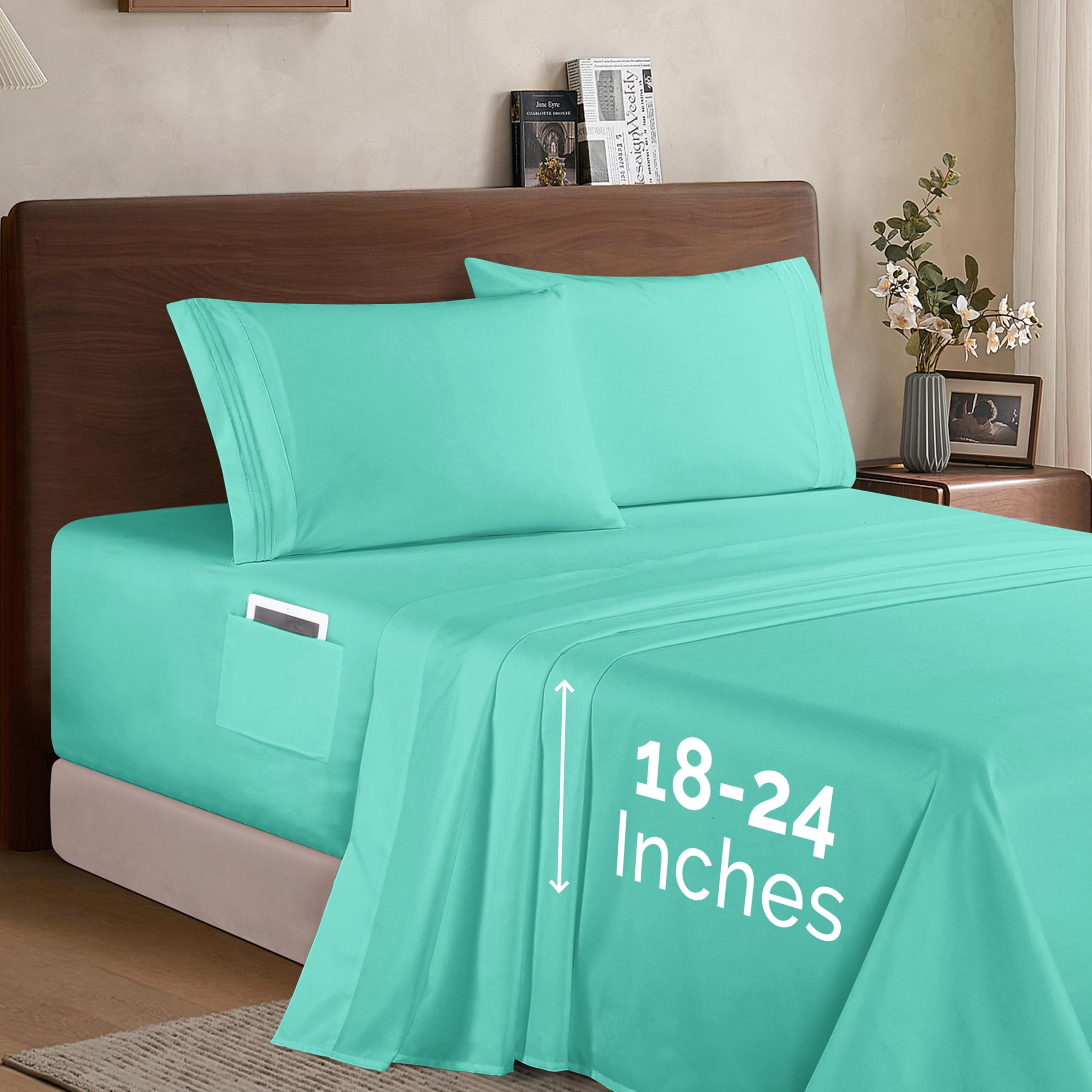 Elegant Comfort Luxury 1500 Premium Hotel Quality Microfiber 4-Piece Sheet Set - Soft, All Around Elastic 18-24 Inches Deep Fitted Sheet - Extra Deep Pocket Sheets, King, Paradise Teal Image