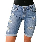 luvamia Women High Waisted Stretch Bermuda Shorts Ripped Rolled Hem Jean Shorts