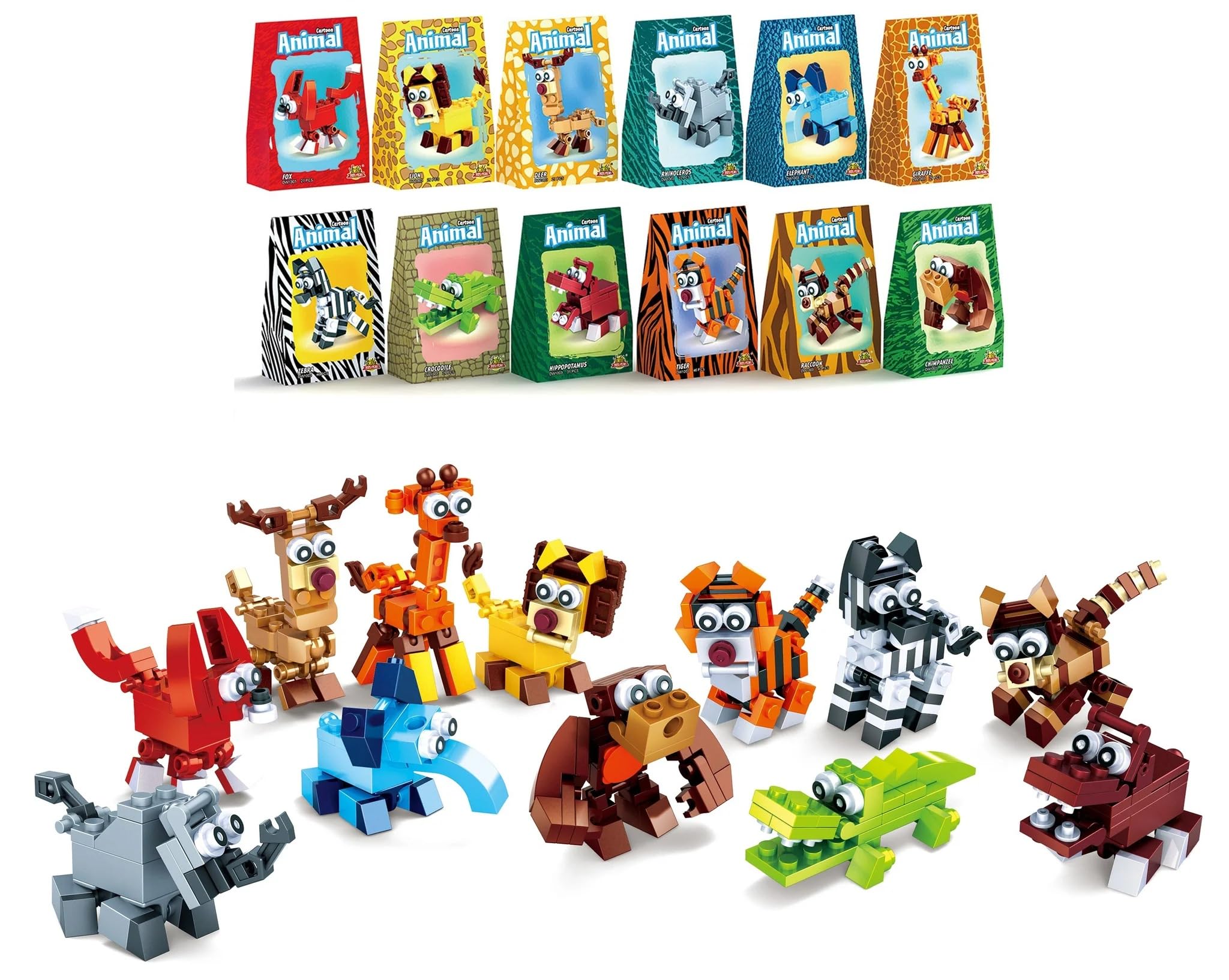 Anila's Construction Building Bricks Sets - 12 Jungle Animal Blocks Sets that are individually boxed. Comes with 30 Assorted Individual Stickers. — image 1
