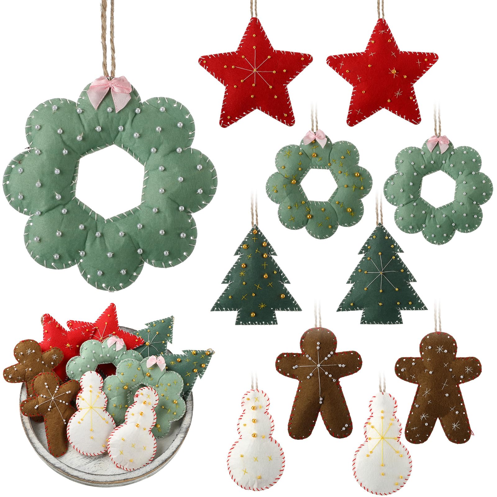 Photo 1 of Suncalla 10 Pieces Embroidered Felt Christmas Ornaments Felt Cookies Ornament with Beads 3D Christmas Tree Gingerbread Man Wreath Stars Snowman Hanging Decoration for Xmas Holiday Party Toy