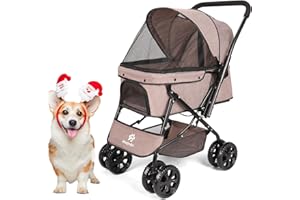 Wedyvko Medium Dog Stroller 50lb - Pets Stroller for Medium Dogs with Reversible Handlebar, 360 Front Wheel, Foot Brake, Wide Mesh Canopy, 2 Security Leashes, Cup Holder, Storage Basket, Coffee