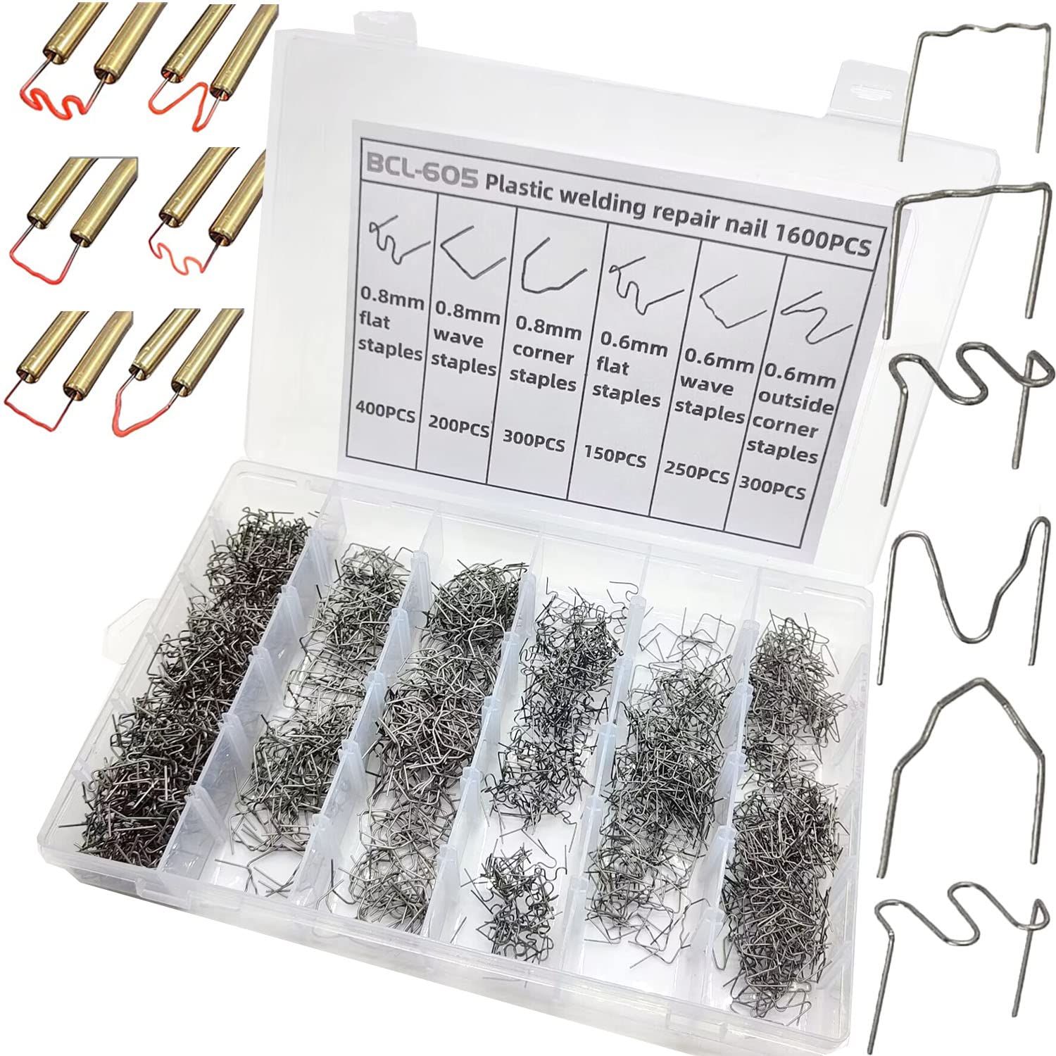 1600Pcs Hot Staples,Plastic Welding Hots Staples with Storage Box,6 Types 0.6mm & 0.8mm Car Auto Bumper Plastics Weldings Repair Staplers for Repair of Automobile Bumper and Articles