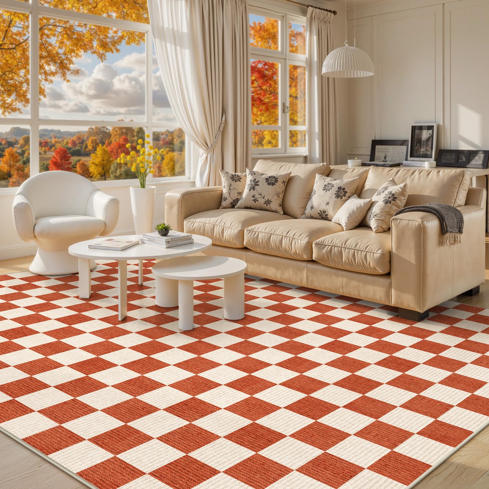 Photo 1 of LIVEBOX 8x10 Area Rugs for Living Room, Checkered Non-Slip Washable Rugs, Farmhouse Neutral Classic Halloween Pattern Large Boys Area Rug for Bedroom, Carpet for Dining Room Office(Orange,8'x10')