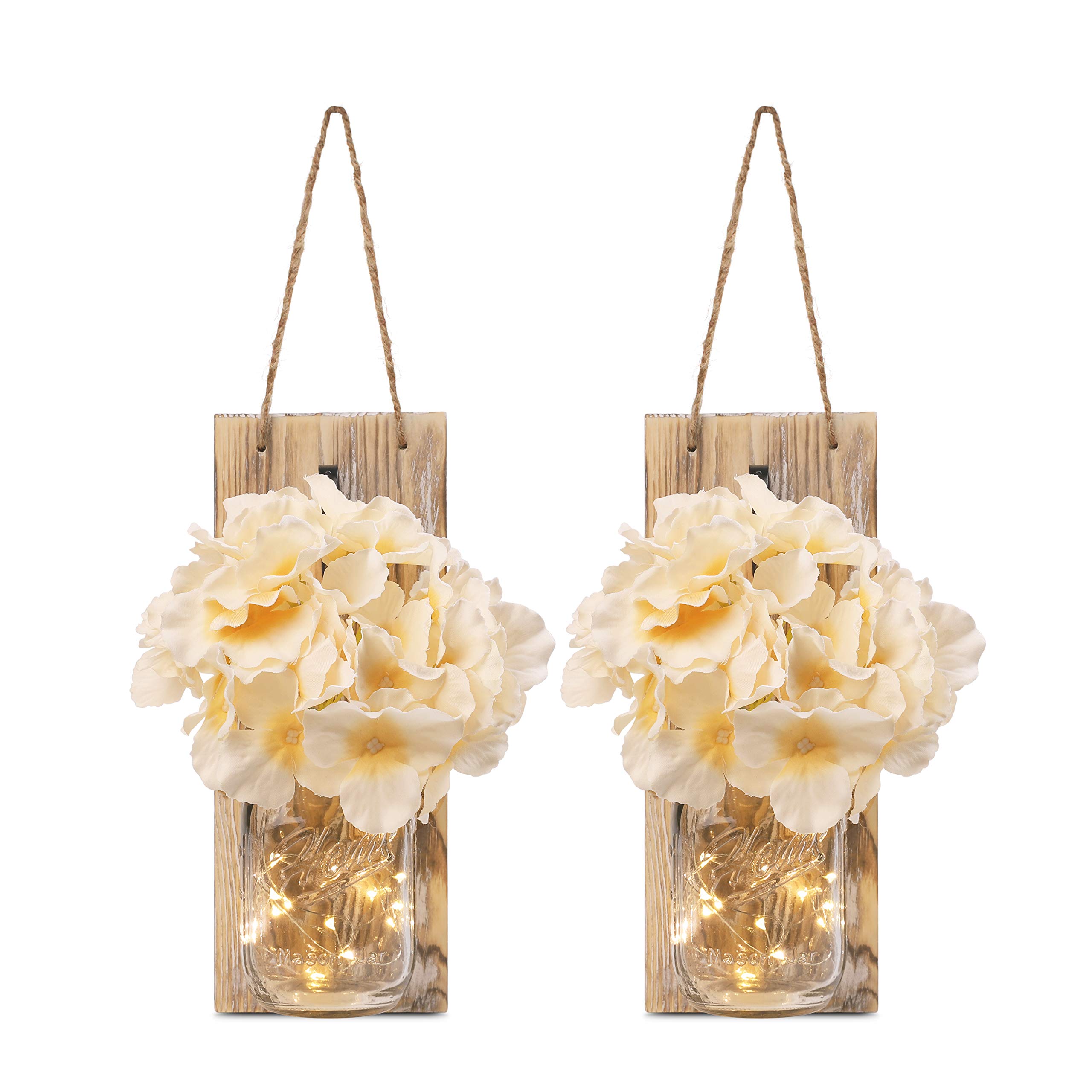 GBtroo Rustic Mason Jar Sconces for Home Decor 6 Hours Timer Decorative Flower Wall Decor with LED Strip Lights, Silk Hydrangea, and Wrought Iron Hooks for House Decoration (Set of 2), Brown