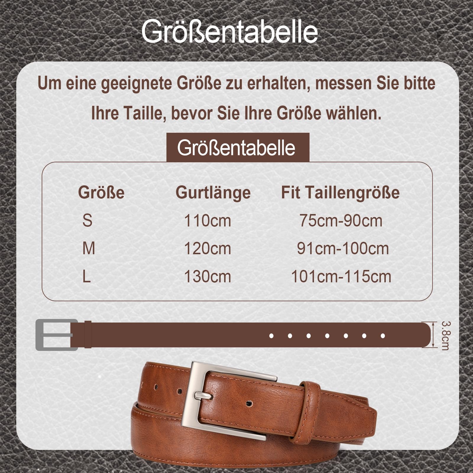 WHIPPY Herren Gürtel, Herren Ledergürtel klassischer Jeansgürtel für Männer 38mm breit,braun 110cm 4
